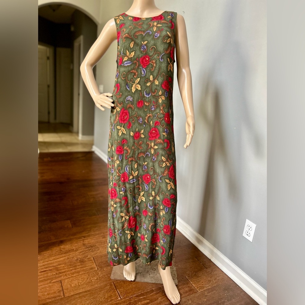 Vintage Kathie Lee Olive Floral Maxi Dress